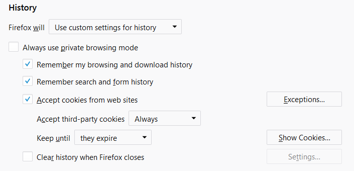 Firefox: history and cookies settings
