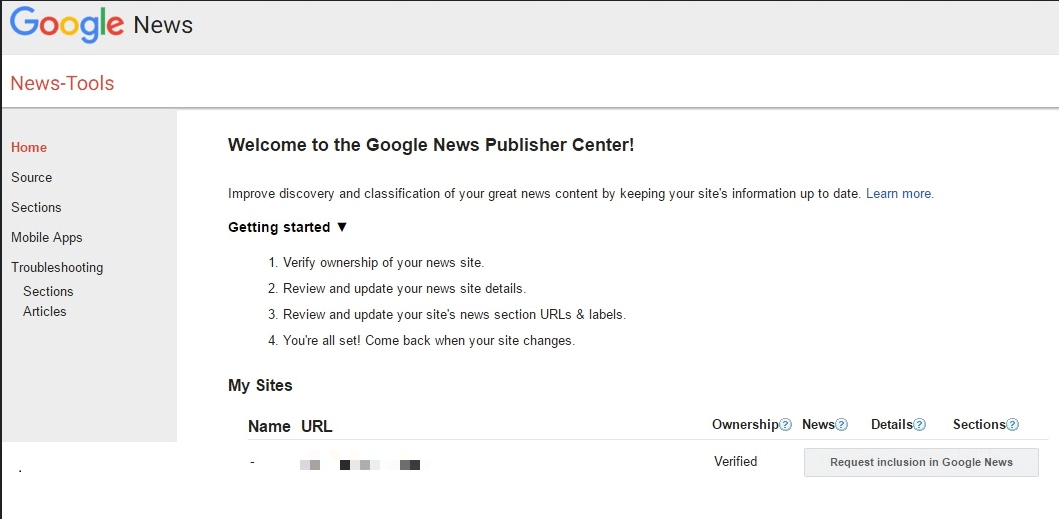 Home Page of the Google News Publisher Center