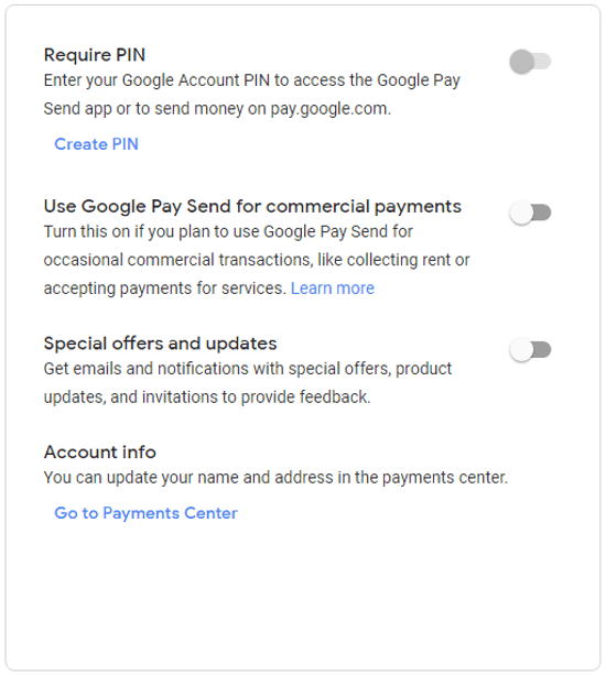 Settings in Google Pay