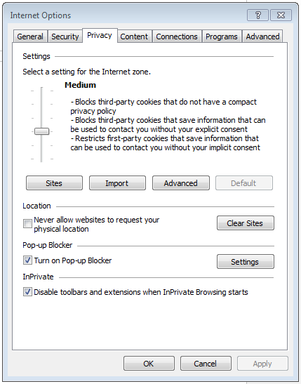 Internet Explorer: window with internet options and cookie settings