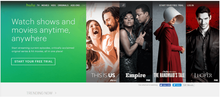 Screenshot of Hulu Homepage