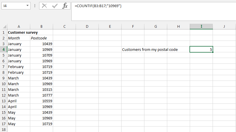 Screenshot of an Excel table with the COUNTIF function for statistics