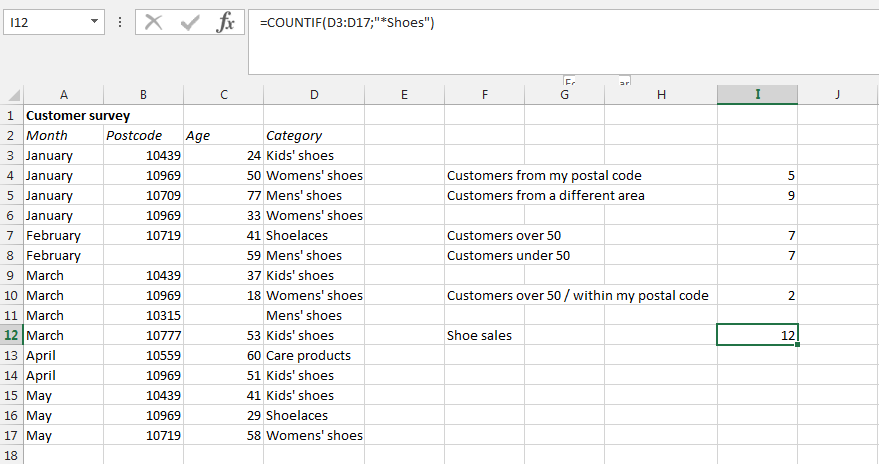 Screenshot of an Excel table with a placeholder in the COUNTIF function
