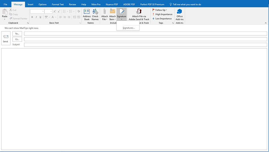Screenshot of a blank message in Outlook with the “Signature” button selected
