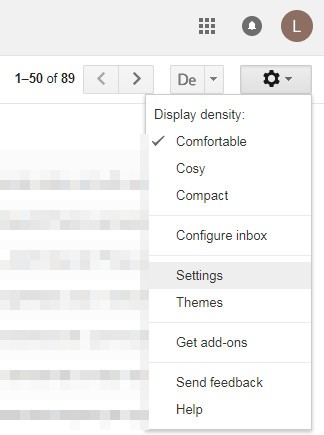 Screenshot of the settings drop-down menu in Gmail