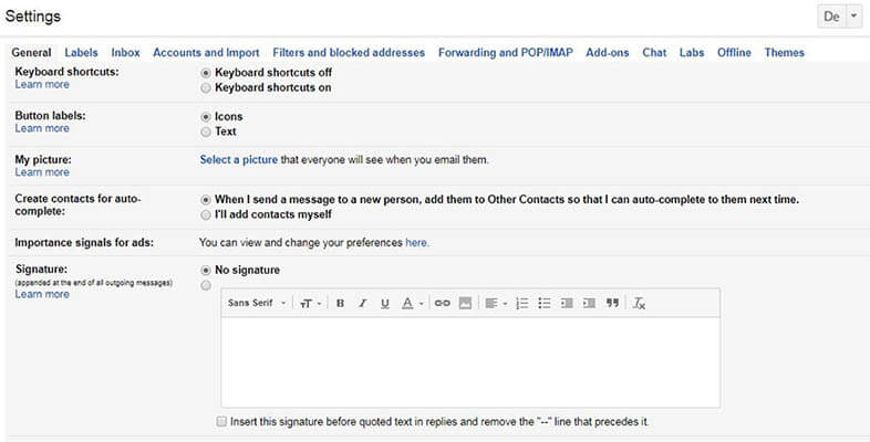 Clip of a screenshot of the Gmail general settings where you can see the signature options