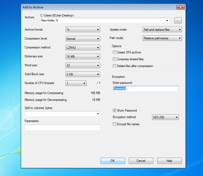 Screenshot of the 7-Zip input window on Windows