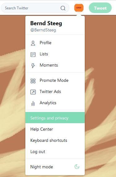 Twitter web application: “Settings and privacy” menu