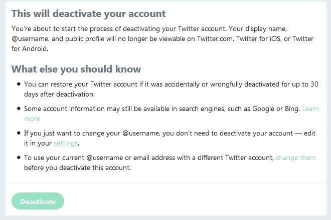 Advice box displayed when deactivating your Twitter account