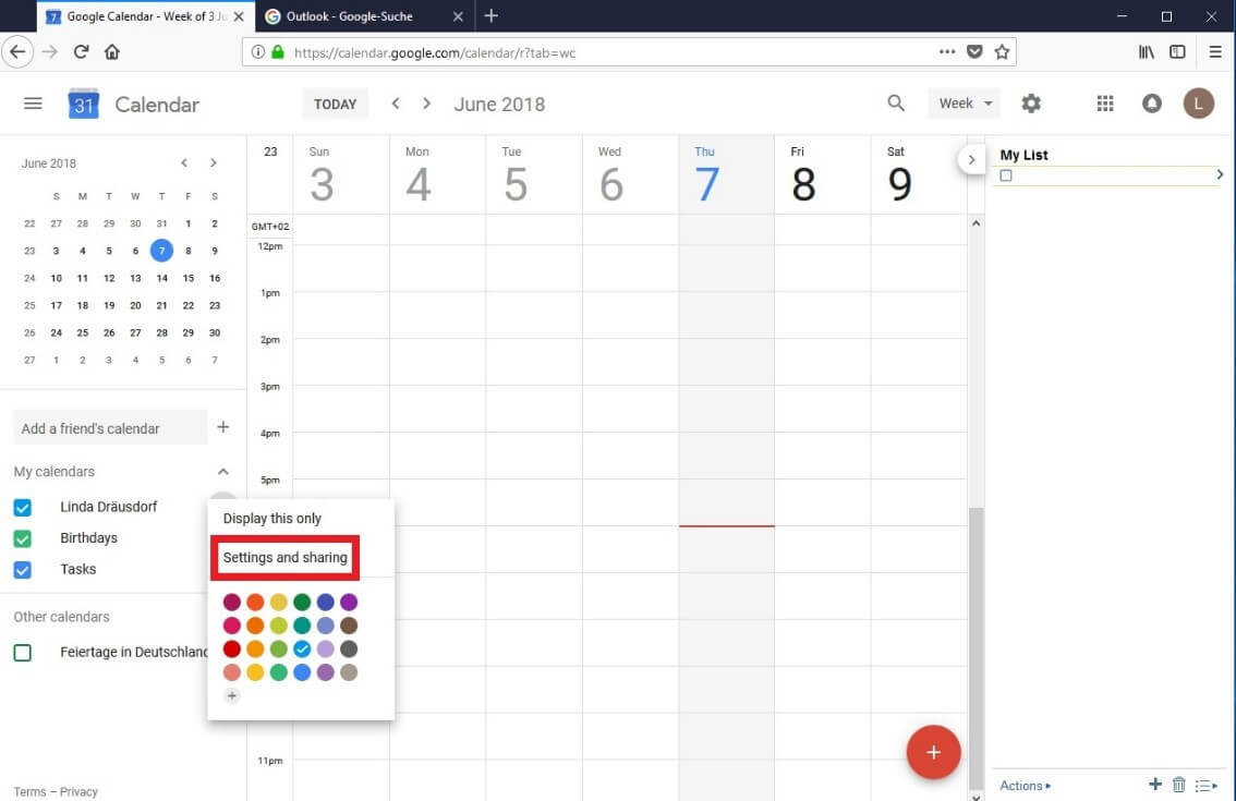Google Calendar: "Settings and Sharing" menu