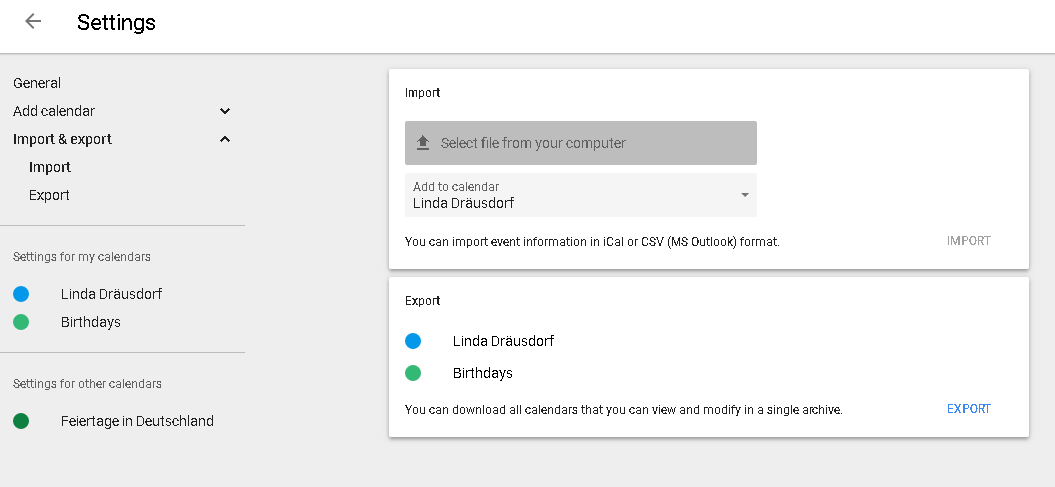 Google Calendar settings: import and export
