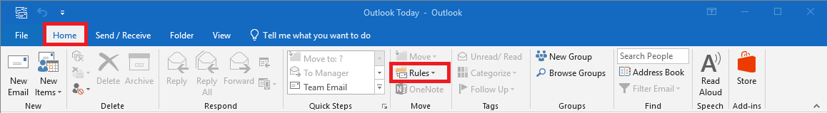 The menu bar of Microsoft Outlook 2016 in Windows.