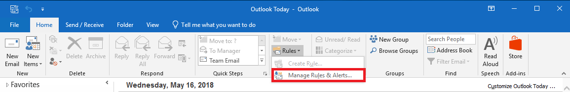 The menu bar of Microsoft Outlook 2016: the drop-down menu “rules.”