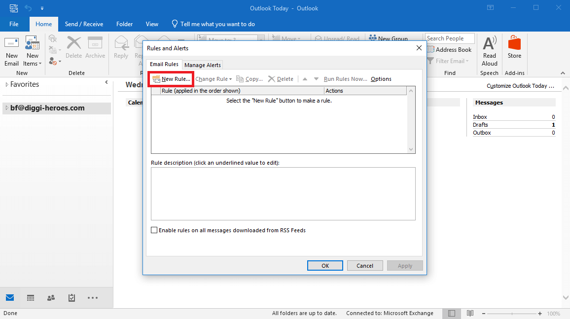 Microsoft Outlook 2016: “rules and alerts” dialog box.