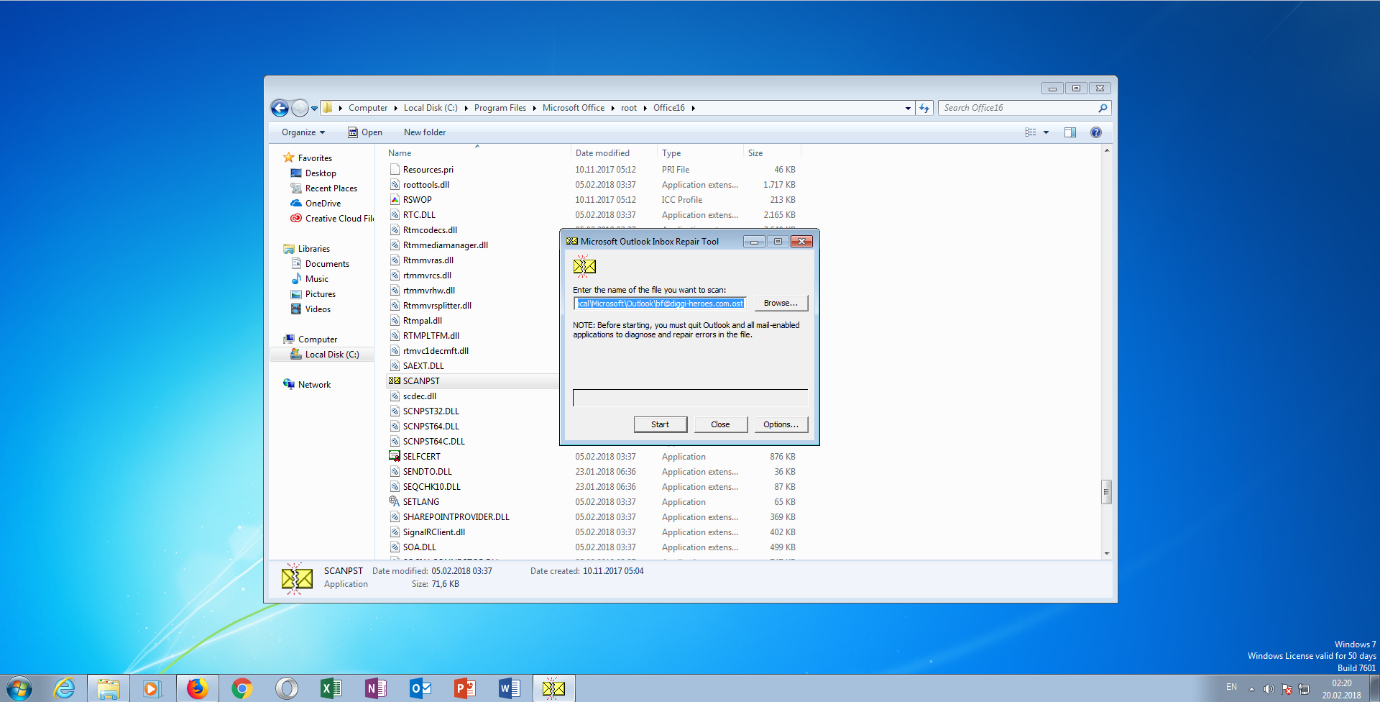 Search for the personal data file via scanpst.exe