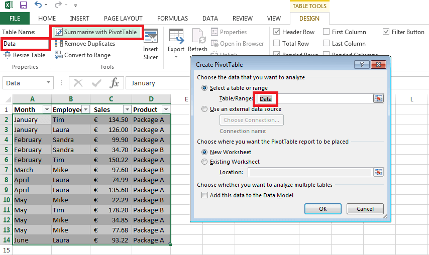 Excel window when creating a new pivot table