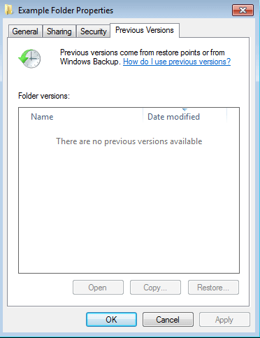 Previous versions of the document folder in the “Properties” dialogue box