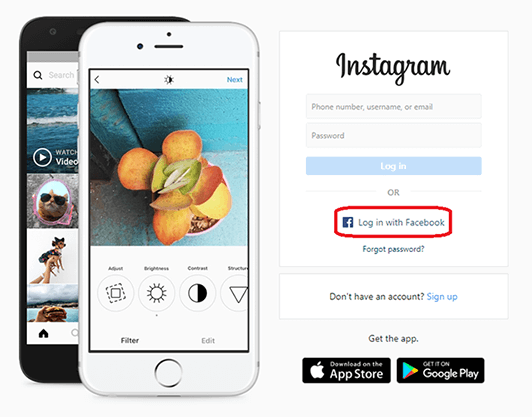 Button “Log in with Facebook” on Instagram's homepage
