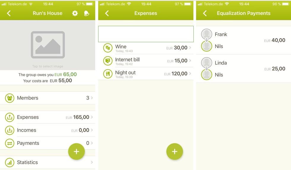 Overview of the Splittr app: Groups – Expenses – Equalization Payments