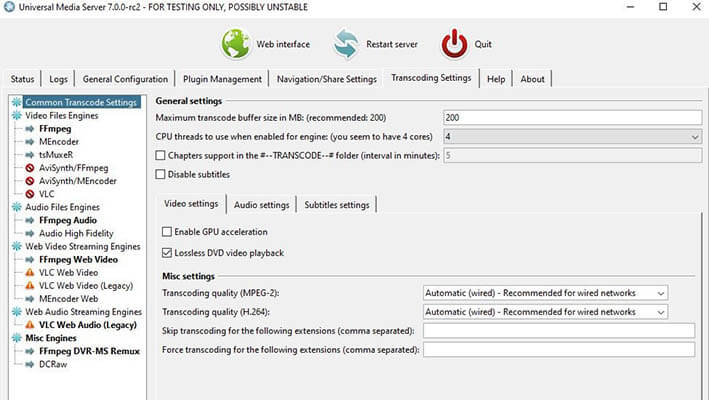 Universal Media Server: transcoding the settings window