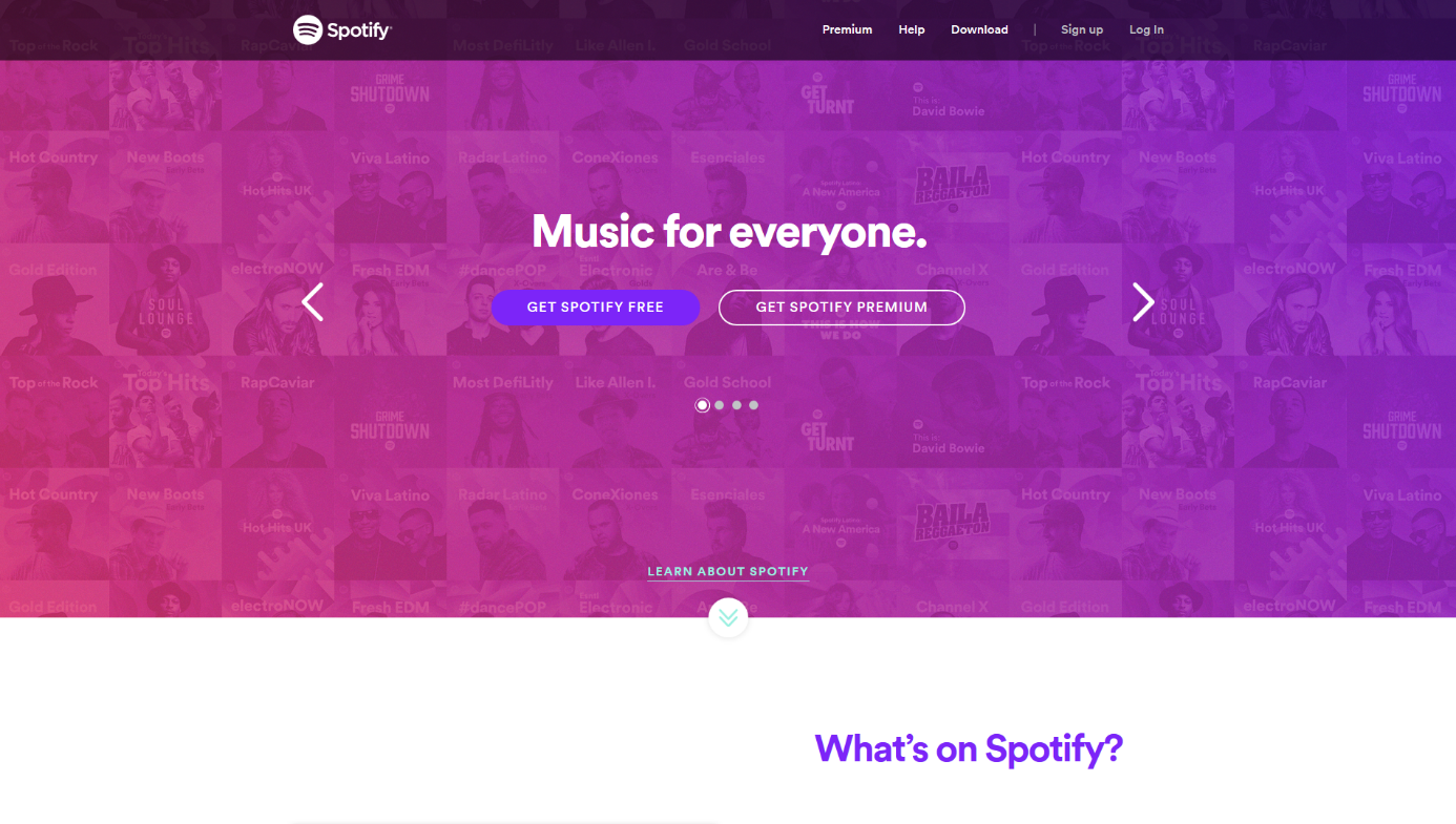 Example of a website with CTA buttons from the online music streaming service Spotify