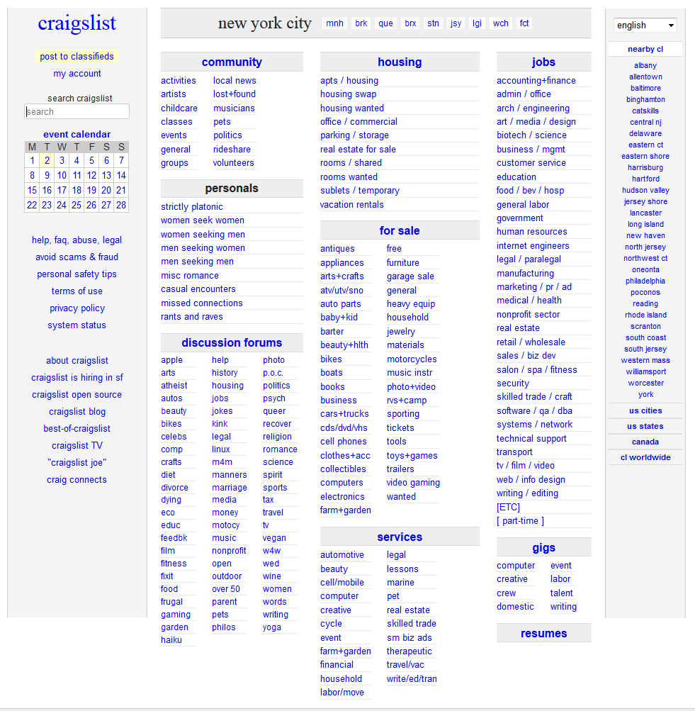 Website of the classifieds website Craigslist Website of the classifieds website Craigslist