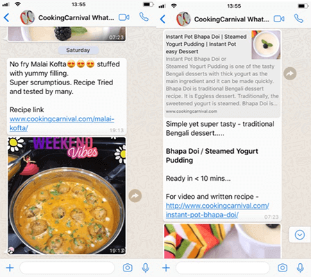 Screenshot of WhatsApp messages from CookingCarnival