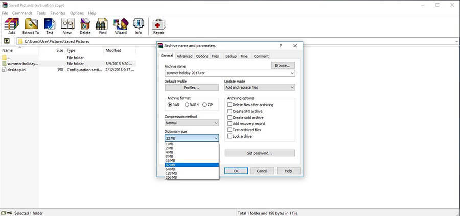 The WinRAR user interface menu for setting archive names and archive parameters