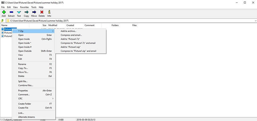 User interface of 7-Zip with the open context menu and a submenu