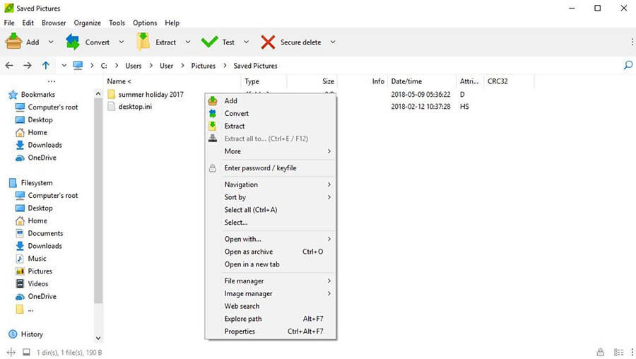 PeaZip user interface with the open context menu