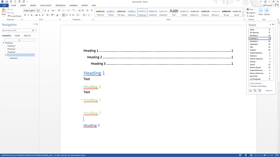 Word menu to change the heading styles
