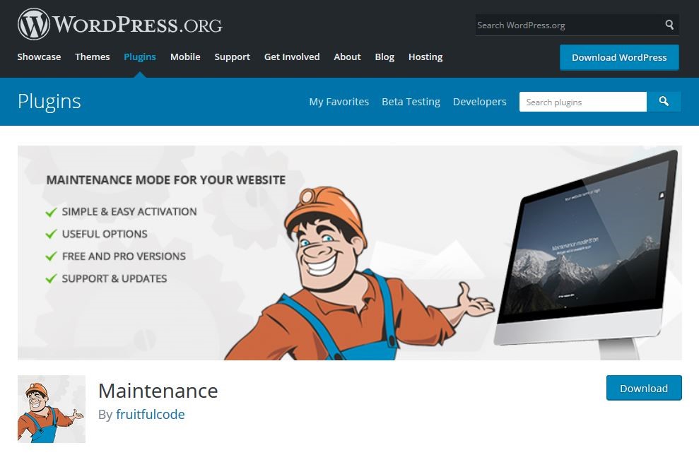 Download page of Maintenance, the WordPress plugin