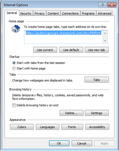 “Internet Options” window with the option to clear browser history.