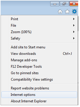 Internet Explorer: gear symbol menu