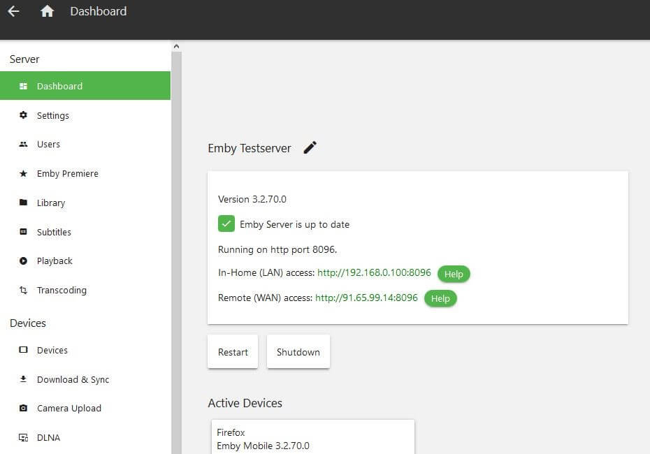 Emby web dashboard