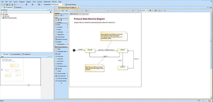 MagicDraw user interface with state machine diagram.