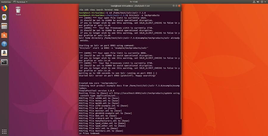 Command line under Ubuntu 17. bin/solr -e techproducts starts a demo with given data and configurations