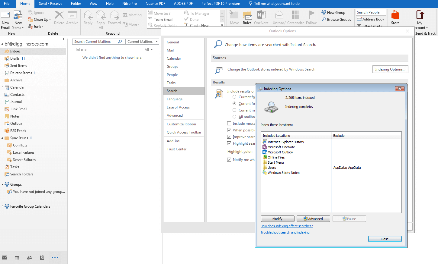 Check Outlook indexing options