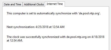 Internet time tab in the Windows “date and time” menu
