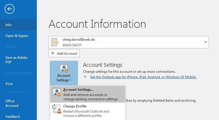 Account Information in Outlook 2016