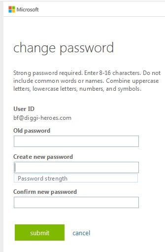 Area to change password in the Microsoft Outlook web app