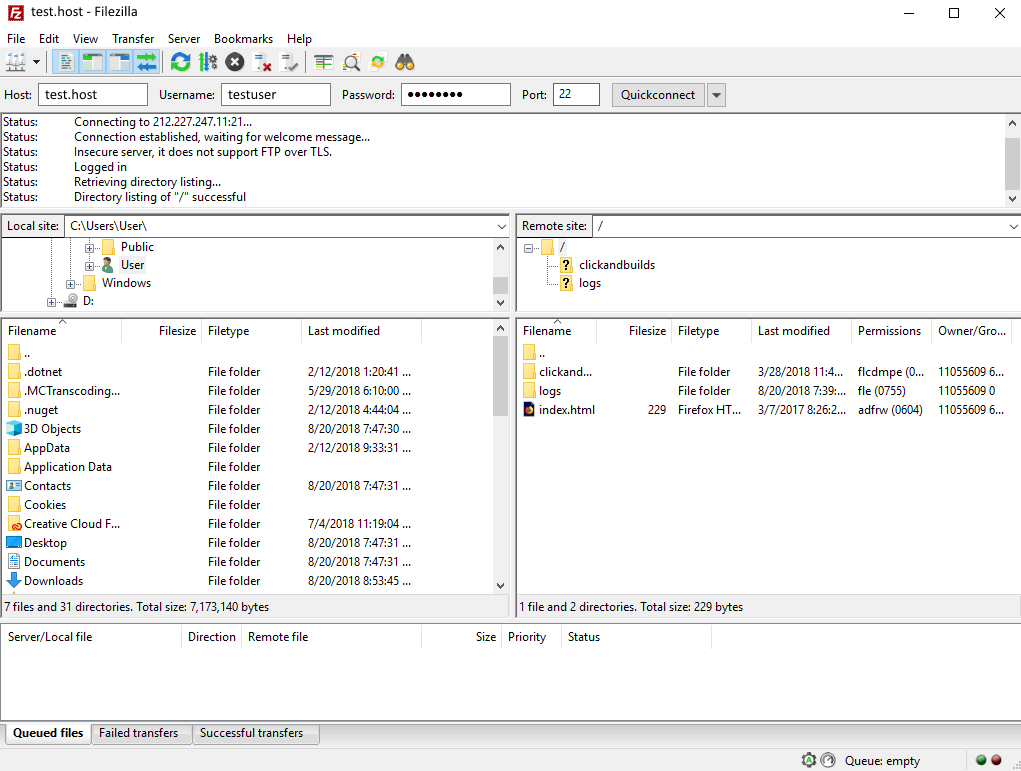 Open FTP program with status window at the top, the local files on the left and the server directory on the right.