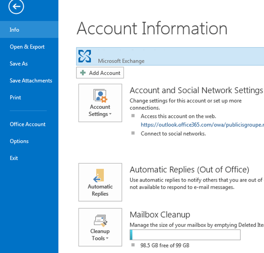 Outlook 2013: account information