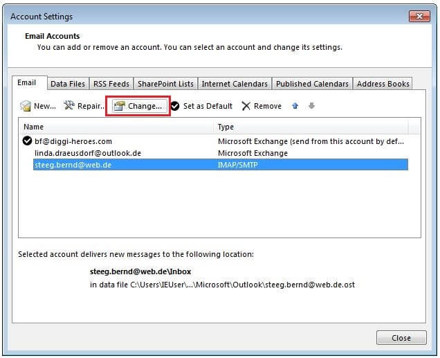 Outlook account settings: overview of linked e-mail addresses