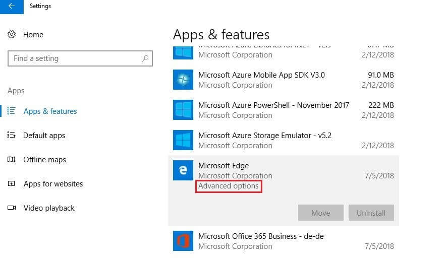 Windows 10: “Apps & features” menu