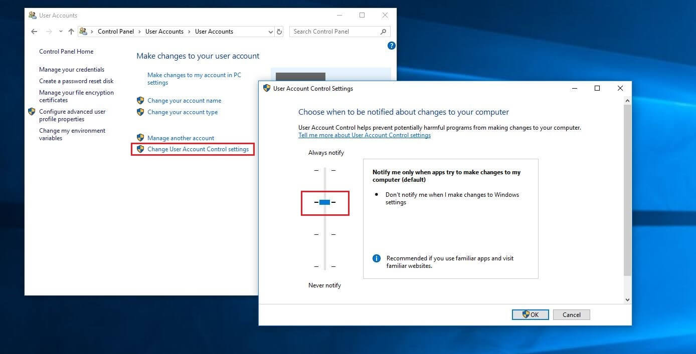 User account control for Windows 10