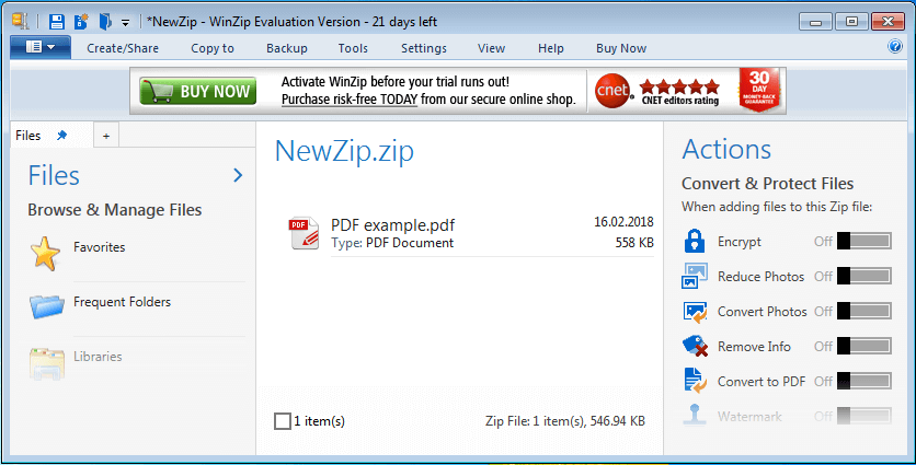 Menu window of WinZip, in which a PDF file has been chosen for compression