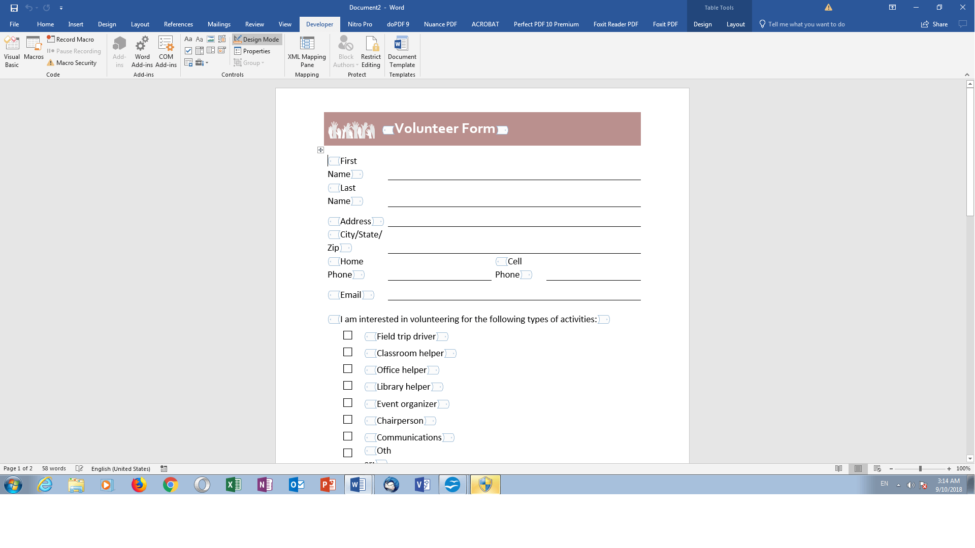 Example of a volunteer form draft in MS Word
