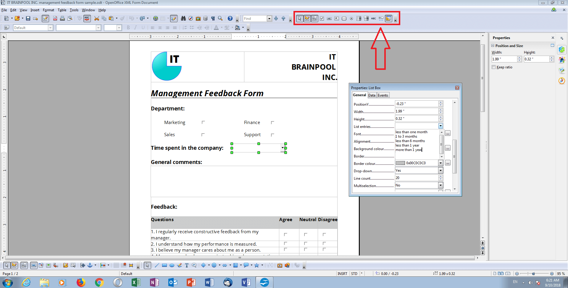 Example of a management feedback form in OpenOffice Writer’s design mode