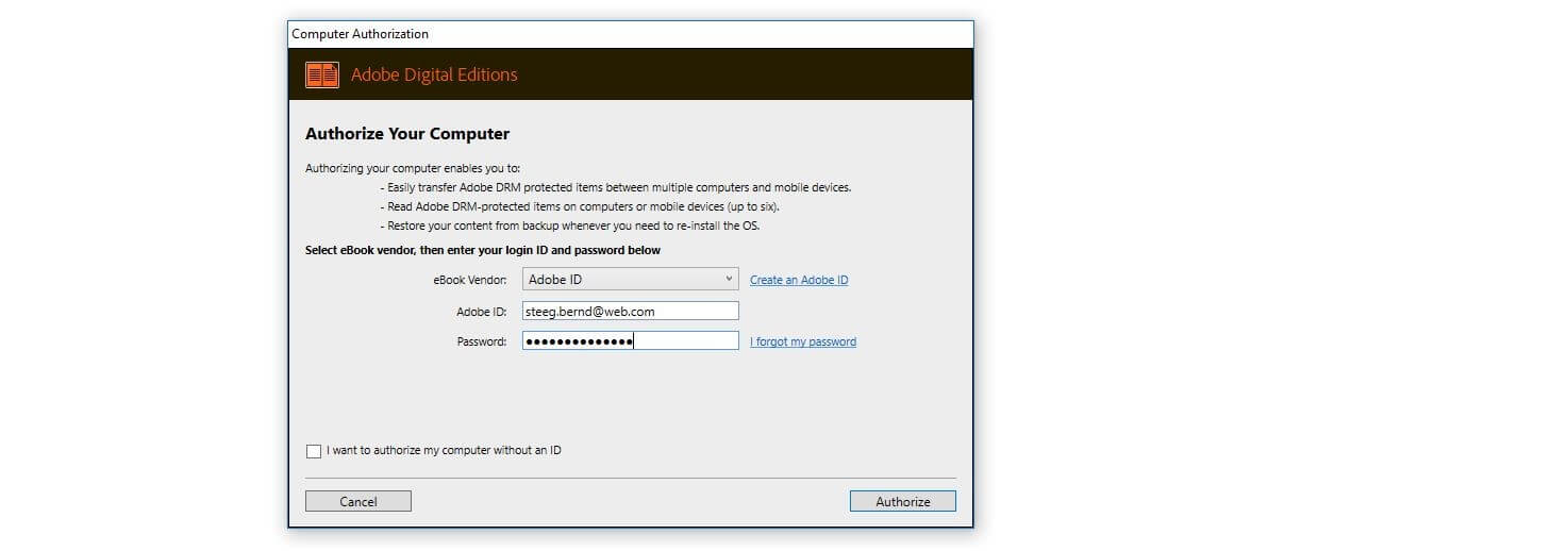 Adobe Digital Editions: Authorization on a Windows computer